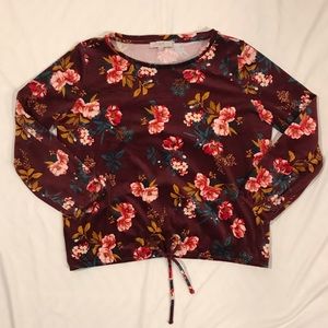 Loft Velvet Floral Blouse XL Tie Bow Soft Long Gathered Sleeve Burgundy